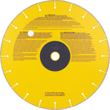 A flat-lay studio product shot of the reverse side of the yellow and black DeWalt DW8500 14-inch diamond edge metal cutting blade, highlighting comprehensive English warning texts regarding proper personal protective equipment usage and operational speed parameters printed across the upper half of the alloy core body.