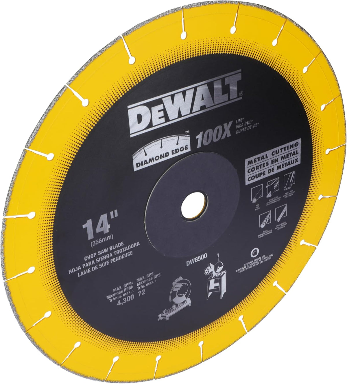 A perspective product shot of the DeWalt 14-inch diamond edge ferrous metal chop saw blade, angled toward the left to illustrate the industrial diamond-encrusted rim segments, laser-cut stress relief holes, and core plate graphic details.