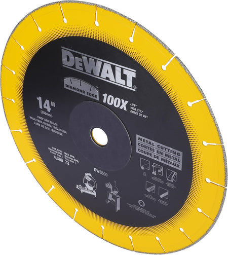 A perspective product view of the yellow DeWalt DW8500 metal cutting diamond blade, angled toward the right to display the rigid layout of the solid steel structural core chassis and the profile of its 1-inch universal mounting arbor.
