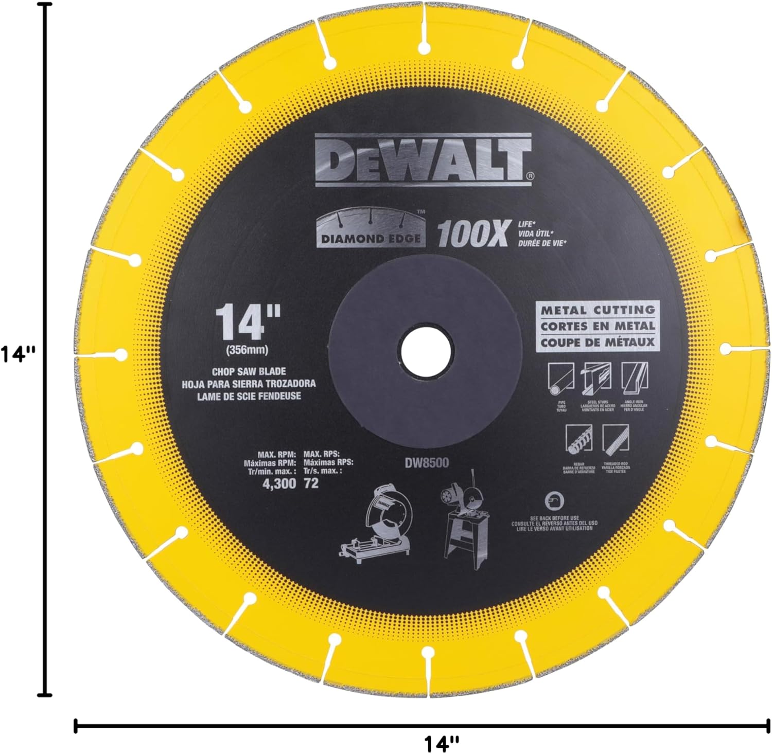 A flat-lay product graphic of the DeWalt DW8500 diamond abrasive chop saw blade, containing explicit dimensional marking bars on the left and bottom edges to denote its 14-inch total outer diameter against a plain white background.