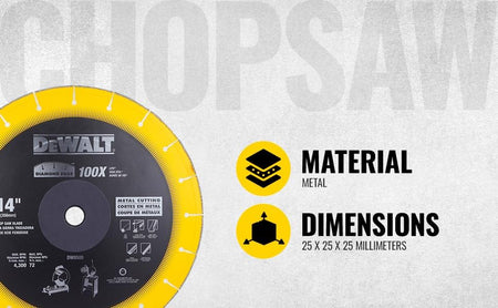 An e-commerce promotional infographic displaying a partial view of the yellow DeWalt diamond blade next to bold text callouts for material classification labeled metal and product dimensions listed as 25 x 25 x 25 millimeters over a light gray textured concrete background.