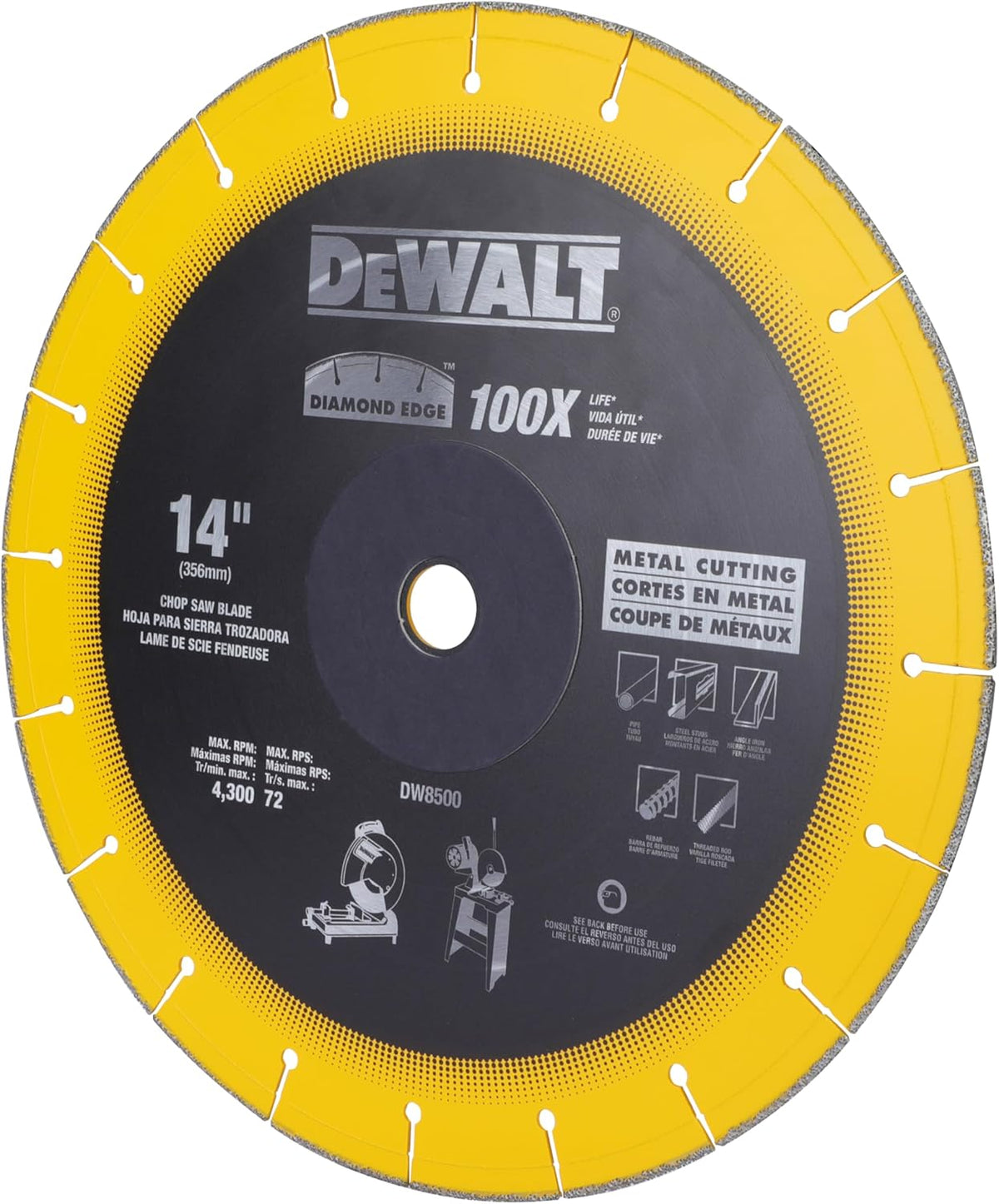 A side-angle three-quarter studio photograph of the yellow and black DeWalt 14-inch ferrous metal diamond chop saw blade, highlighting the uniform thickness of the rigid steel plate core and the diamond segment edge distribution.