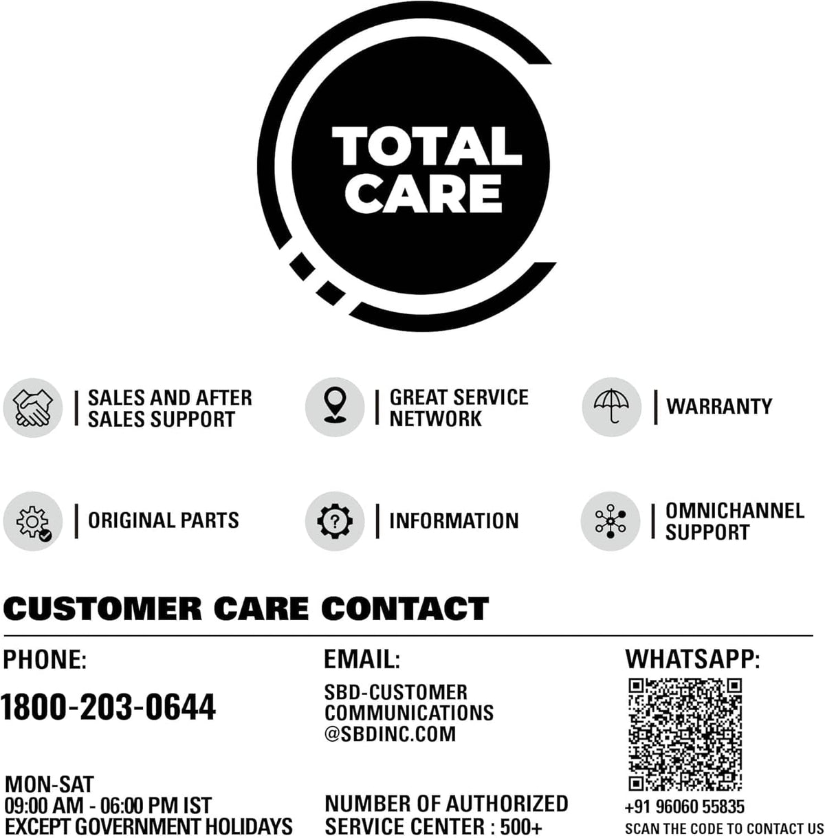 A customer support corporate infographic featuring a prominent black Total Care logo emblem alongside service icons for parts availability, warranty protection, and omnichannel support above official manufacturer phone, email, and WhatsApp contact details.