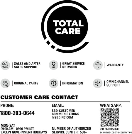 A customer support corporate infographic featuring a prominent black Total Care logo emblem alongside service icons for parts availability, warranty protection, and omnichannel support above official manufacturer phone, email, and WhatsApp contact details.
