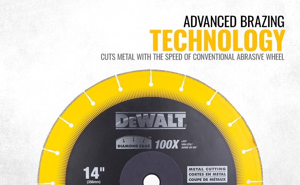 A digital marketing banner showing the upper half of the DeWalt 14-inch diamond matrix blade beneath large bold heading text reading Advanced Brazing Technology, with a subhead clarifying that it cuts metal with the speed of a conventional abrasive wheel.
