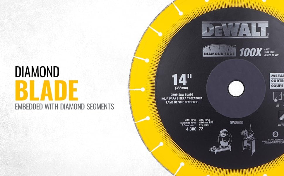 An e-commerce display banner featuring the left half of the yellow DeWalt diamond wheel paired with clean vertical typography on a concrete background reading Diamond Blade embedded with diamond segments.