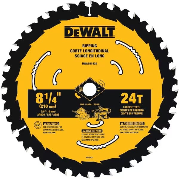 Direct front view of the DeWalt DWA181424 circular saw blade displaying the 24-tooth configuration, yellow coating, and diamond arbor knockout.
