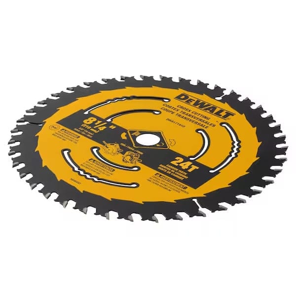 Angled studio shot of a yellow DeWalt circular saw blade resting flat, showcasing the carbide tipped teeth and laser-cut body slots.