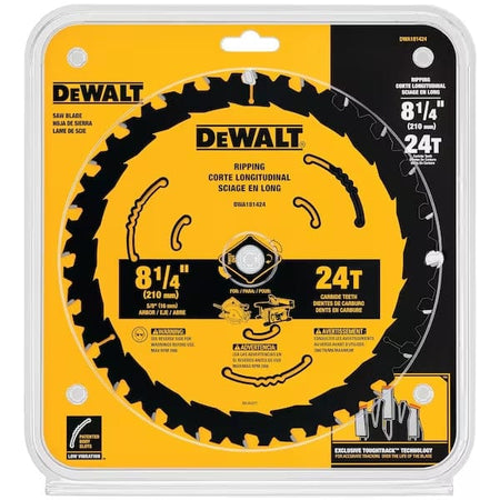 DeWalt 8-1/4 inch circular saw blade securely encased in clear retail blister packaging with yellow branding and specification details visible on the card backing.