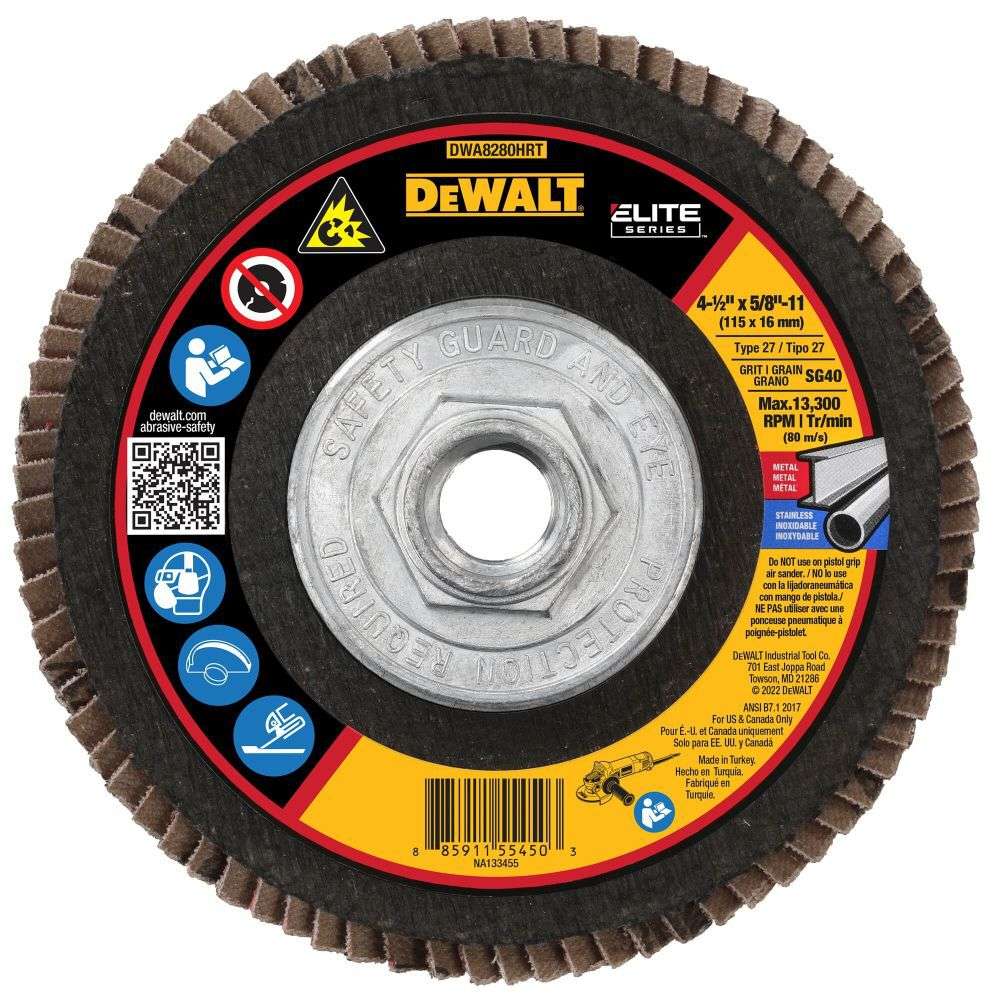 A front-facing studio photograph of the DeWalt Elite Series jumbo flap disc, displaying safety warning icons and specifications for the 40-grit coarse ceramic alumina mineral.