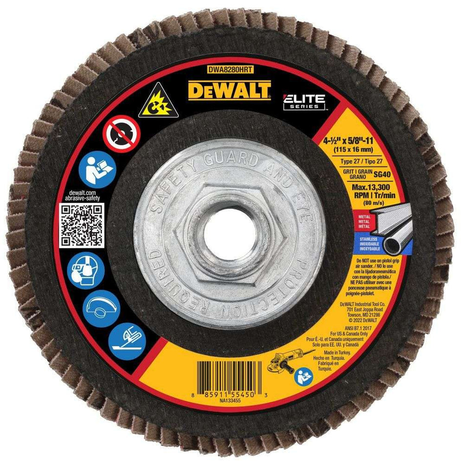 A front-facing studio photograph of the DeWalt Elite Series jumbo flap disc, displaying safety warning icons and specifications for the 40-grit coarse ceramic alumina mineral.