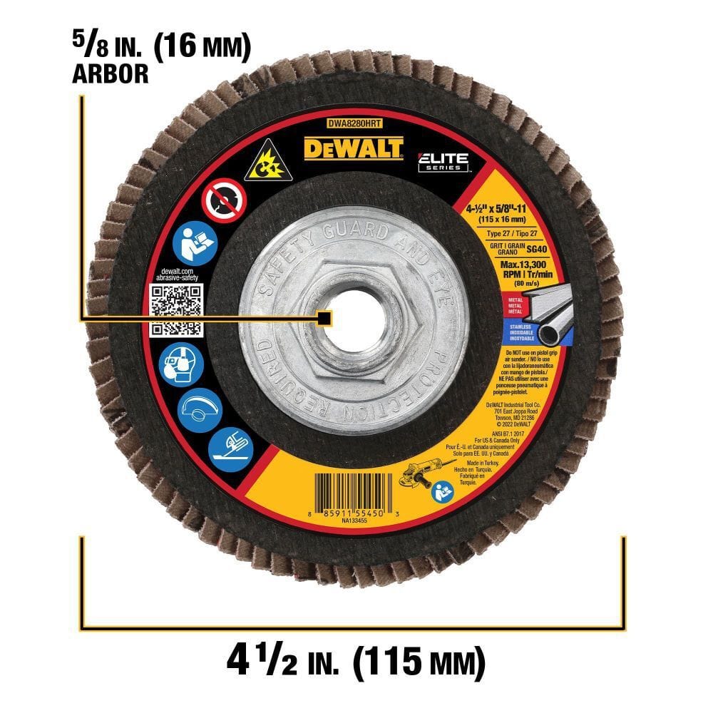 A studio photograph of the top of a DeWalt DWA8280HRT flap disc, featuring technical labels and icons for a 4.5-inch diameter, 5/8-11-inch hubbed arbor, and a maximum 13,300 RPM rating.