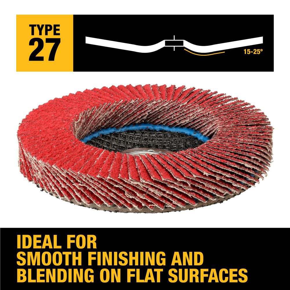 A studio photograph of a DeWalt Type 27 jumbo flap disc shown at an angle, with a graphic overlay illustrating the 15-25 degree grinding angle ideal for smooth finishing on flat surfaces.