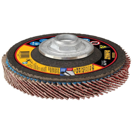A three-quarter studio photograph of a DeWalt DWA8280HRT XP ceramic flap disc, showing the thick layers of red abrasive jumbo flaps and the integrated silver 5/8-11 threaded hub.