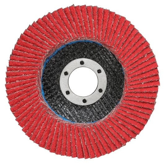 A top-down studio photograph of the red 40-grit abrasive side of a DeWalt DWA8280HRT jumbo flap disc, showing the circular arrangement of ceramic cloth flaps around the central hub.