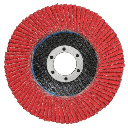 A top-down studio photograph of the red 40-grit abrasive side of a DeWalt DWA8280HRT jumbo flap disc, showing the circular arrangement of ceramic cloth flaps around the central hub.