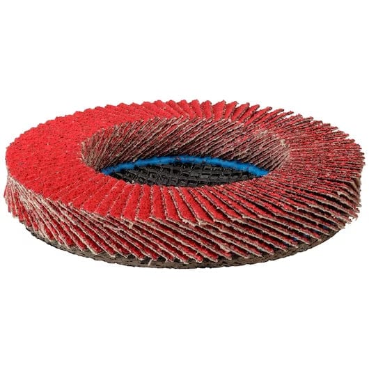 A perspective studio photograph of the DeWalt XP ceramic flap disc, emphasizing the high-density jumbo flap construction designed for long life and fast material removal.