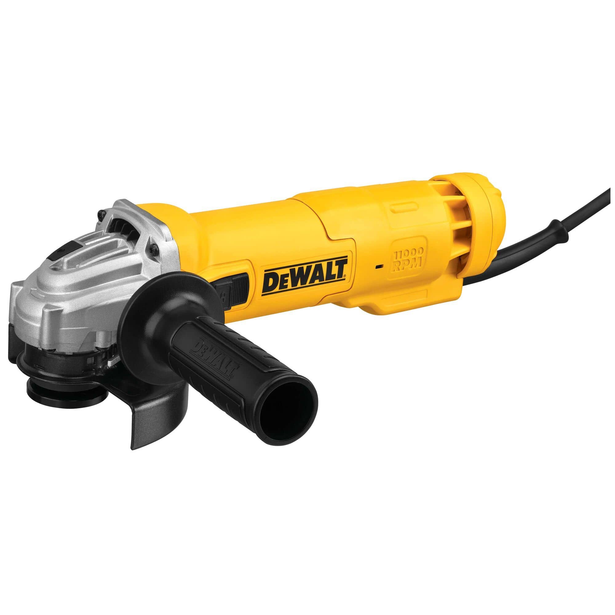 An isometric studio product photograph of the yellow and black DeWalt DWE4214 corded angle grinder, showcasing its metallic silver gear housing case, attached black composite auxiliary side handle, adjustable safety wheel guard, side-mounted slide power switch, 11000 RPM stamp, and heavy-duty power cord against a clean white background.