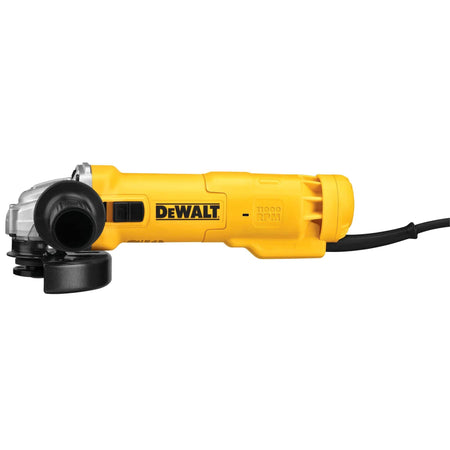 A direct side-profile studio view of the compact 4-1/2 inch DeWalt handheld power grinder, highlighting the streamlined layout of the yellow motor barrel housing, the distinct black and yellow DeWalt brand logo plate, the textured slide switch interface, and the black protective debris wheel guard arrayed horizontally.