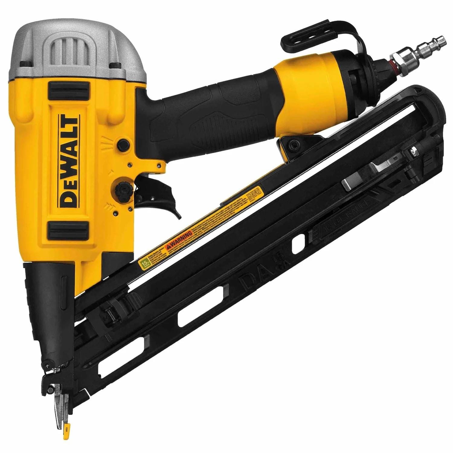 A full side profile studio shot of the DeWalt DWFP72155 15-gauge angled finish nailer.