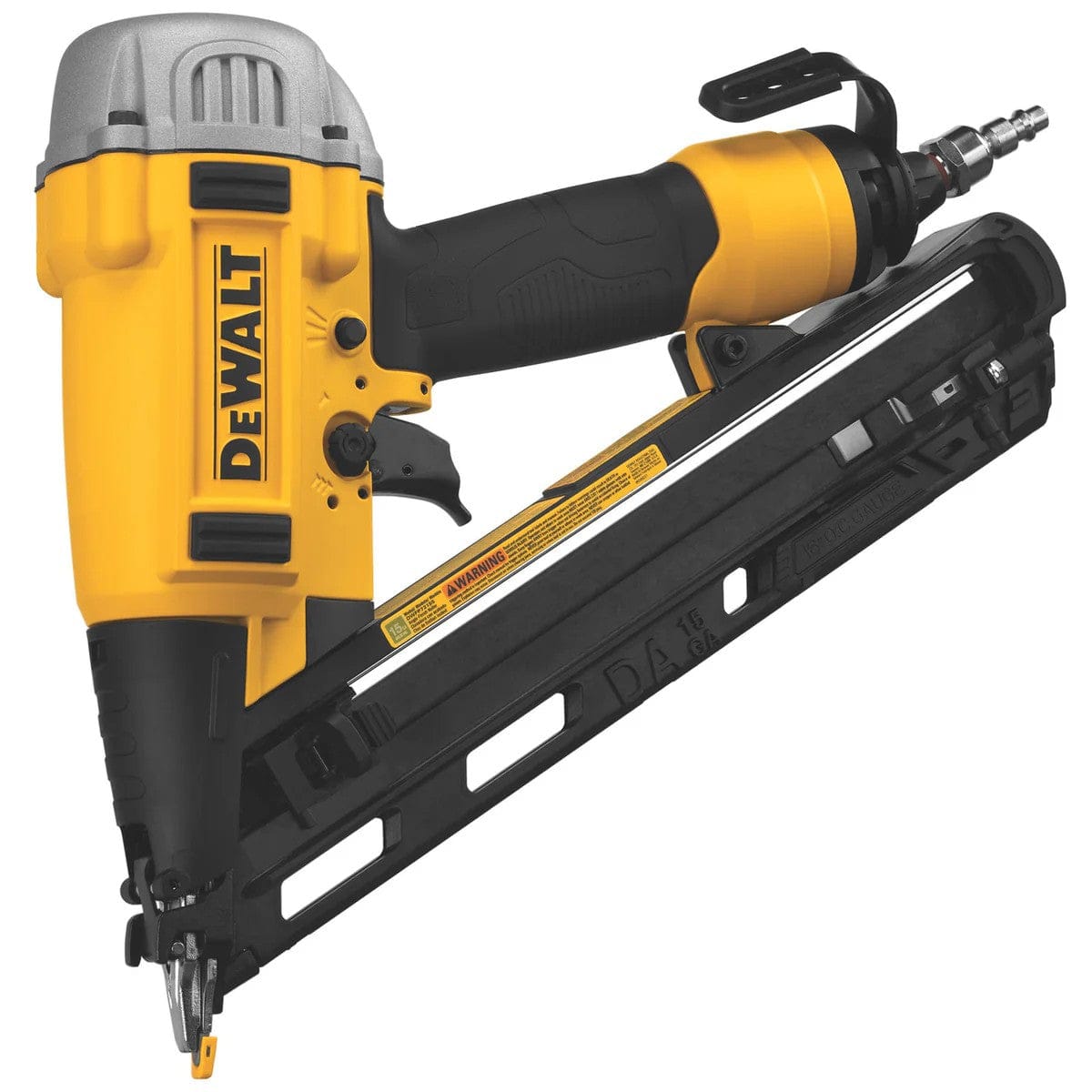 A three-quarter angle studio shot of the DeWalt DWFP72155 15-gauge angled finish nailer, highlighting the angled magazine and air inlet.