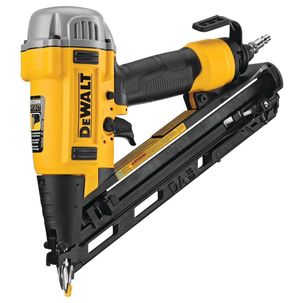 A three-quarter angle studio shot of the DeWalt DWFP72155 finish nailer, showing the "Precision Point" logo on the nose.