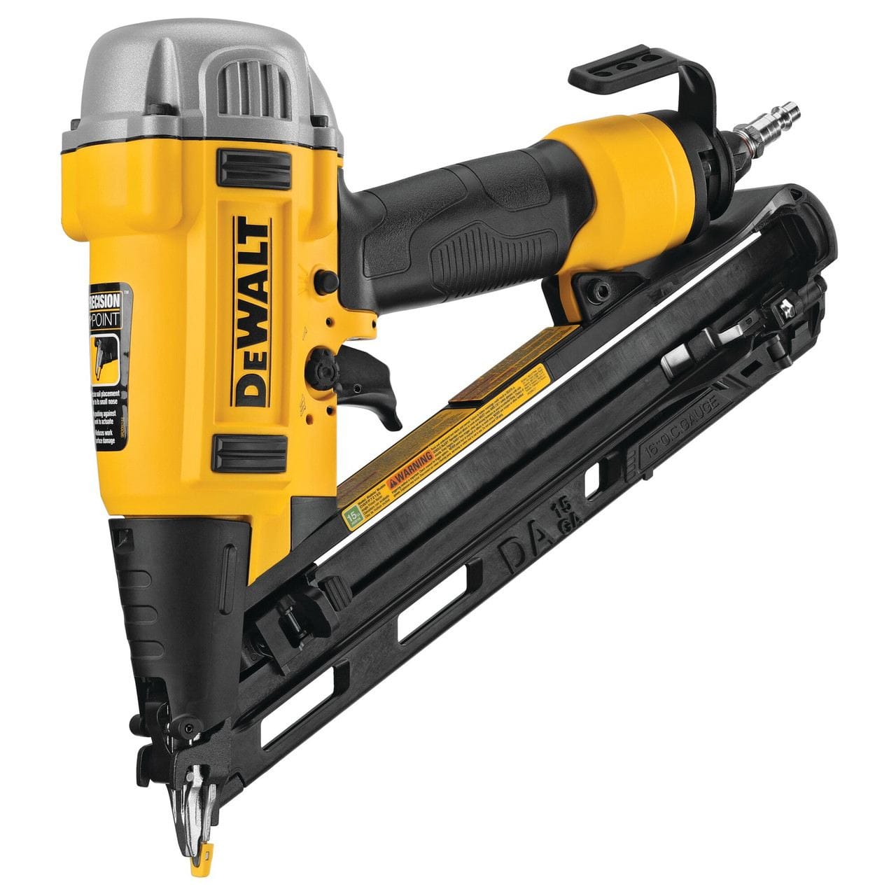 A three-quarter angle studio shot of the DeWalt DWFP72155 finish nailer, showing the "Precision Point" logo on the nose.