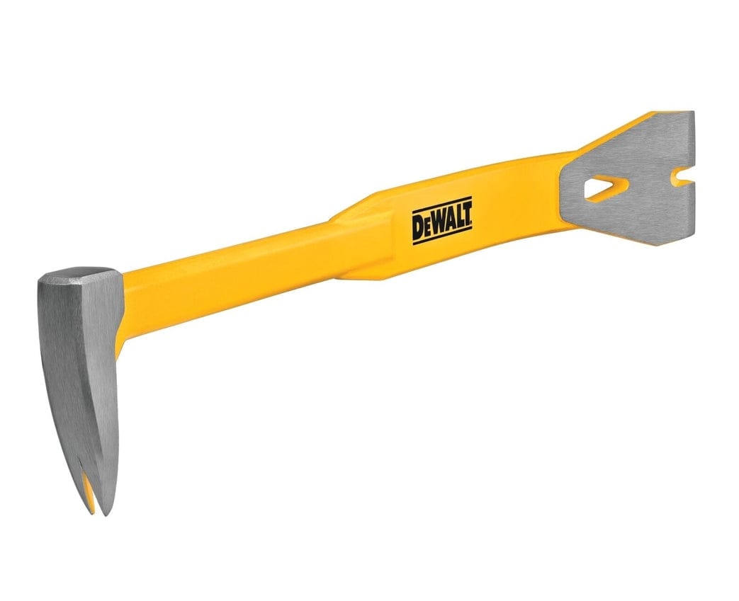 Angled perspective of the DeWalt DWHT55168 pry bar showing the curved claw and flat blade ends. The bright yellow handle and visible DeWalt logo reinforce brand identity and tool visibility for heavy-duty demolition work.