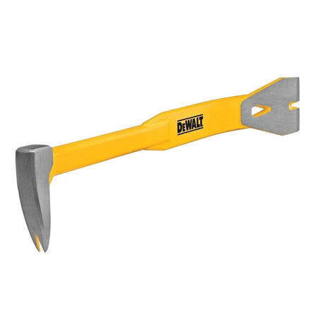 Angled perspective of the DeWalt DWHT55168 pry bar showing the curved claw and flat blade ends. The bright yellow handle and visible DeWalt logo reinforce brand identity and tool visibility for heavy-duty demolition work.
