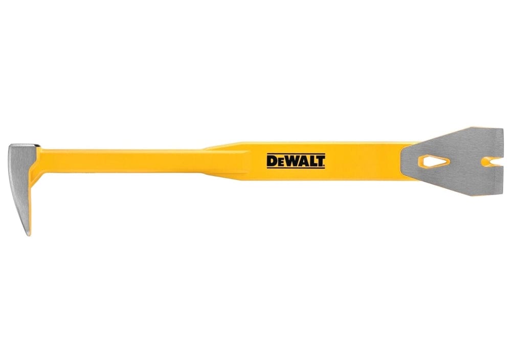 Full view of the DeWalt DWHT55168 pry bar tool, displaying both the flat prying end and the wide notched nail puller. The yellow and silver design emphasizes durability and functionality for siding and trim demolitio