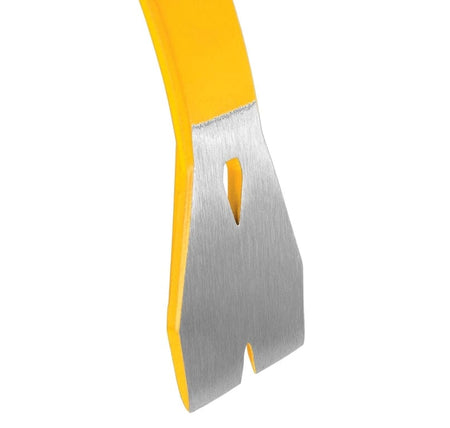 Flat blade end of the DeWalt DWHT55168 pry bar shown in detail, with a wide silver head and central slot for nail pulling. The yellow-coated handle supports grip and visibility during demolition and molding removal tasks.