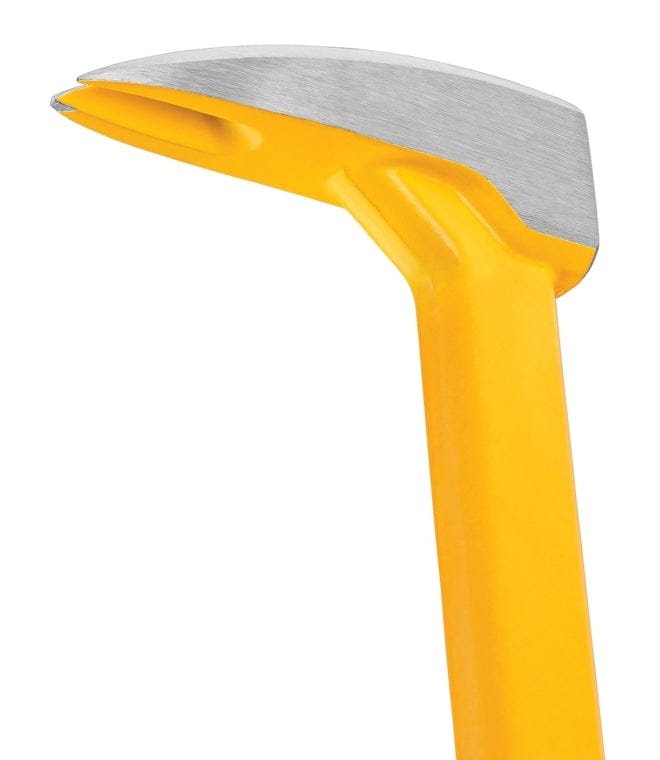 Close-up of the claw end of the DeWalt DWHT55168 pry bar, featuring a polished V-shaped notch for nail removal. The yellow handle enhances visibility, and the metal head is angled for precision prying in siding and trim applications.