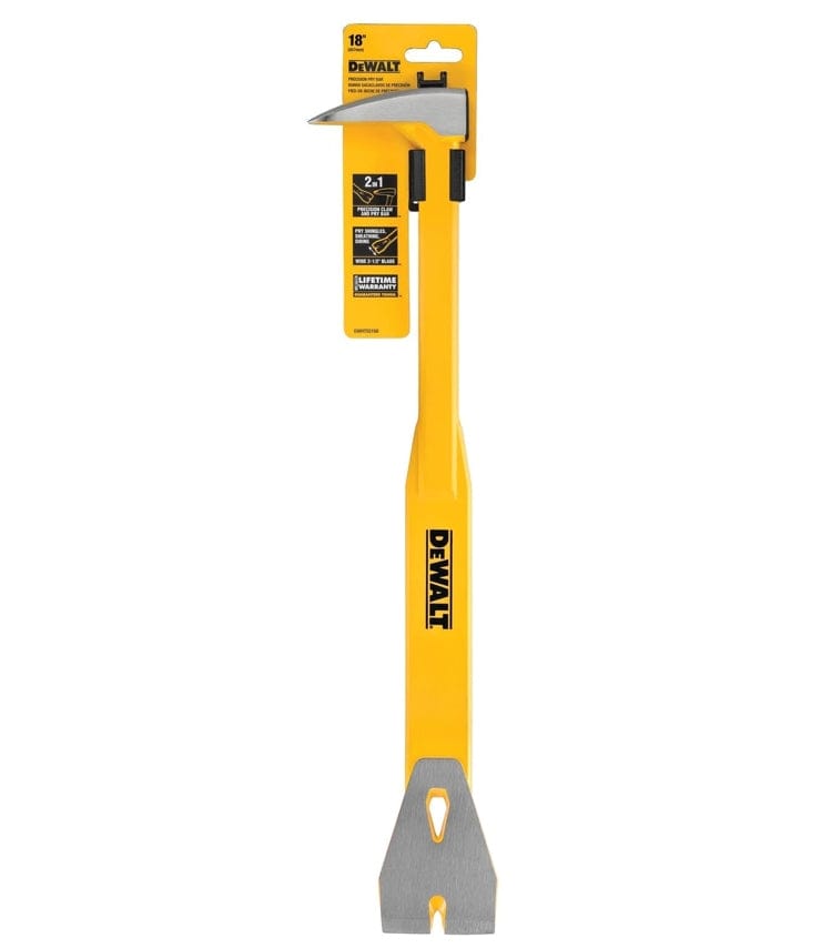 DeWalt DWHT55168 18-inch precision claw pry bar shown in retail packaging, highlighting its dual-function hammer and pry bar ends. The yellow and silver tool is designed for heavy-duty demolition and molding removal, with branding and model number clearly visible.