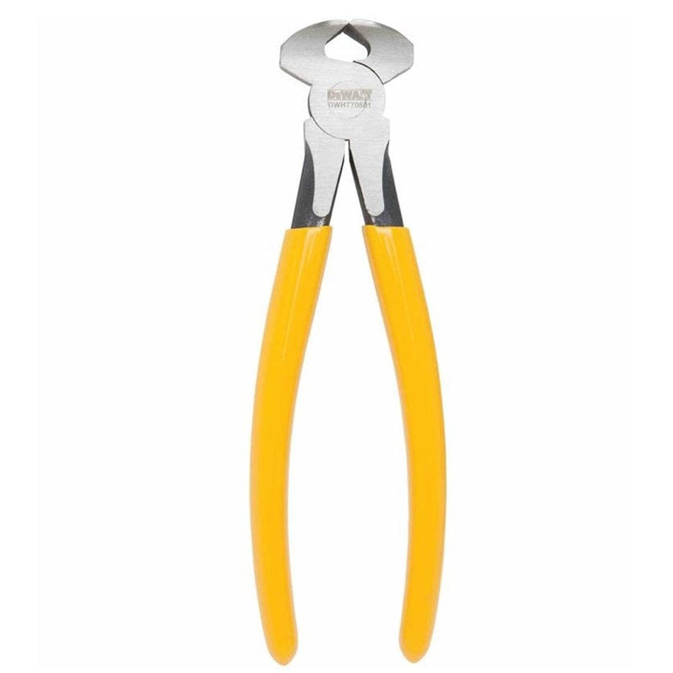 Studio view of the DeWalt 7.5 inch end nipper pliers featuring chrome vanadium steel jaws and yellow dipped handles displayed in an open position.