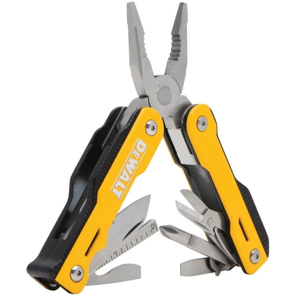 Angled view of the DeWalt multi-tool with the pliers head deployed and the handles separated, showing the branding and the variety of integrated tools including a knife, ruler, and scissors.