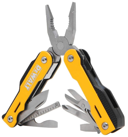 DeWalt 16-in-1 multi-tool in the open position, displaying the stainless steel needle nose pliers at the top and various accessory tools fanned out from the bottom of the yellow handles.