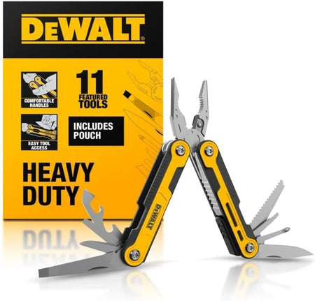 A studio product shot of the DEWALT MT21 multi-tool in an open, upright position against a yellow and black marketing background. The image displays the stainless steel construction and yellow composite handle accents, highlighting its 11 featured tools including pliers and various folding blades for heavy-duty utility use.