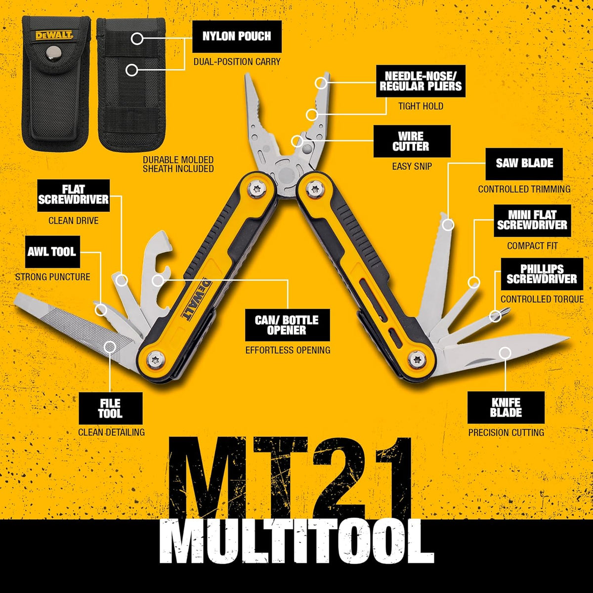 A detailed technical infographic of the DEWALT MT21 multi-tool with labels identifying all integrated components. Callouts point to the needle-nose regular pliers, wire cutter, saw blade, Phillips and flat screwdrivers, knife blade, file, can and bottle opener, and awl tool, alongside a visual of the included dual-position nylon carrying pouch.