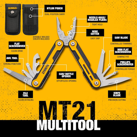 A detailed technical infographic of the DEWALT MT21 multi-tool with labels identifying all integrated components. Callouts point to the needle-nose regular pliers, wire cutter, saw blade, Phillips and flat screwdrivers, knife blade, file, can and bottle opener, and awl tool, alongside a visual of the included dual-position nylon carrying pouch.