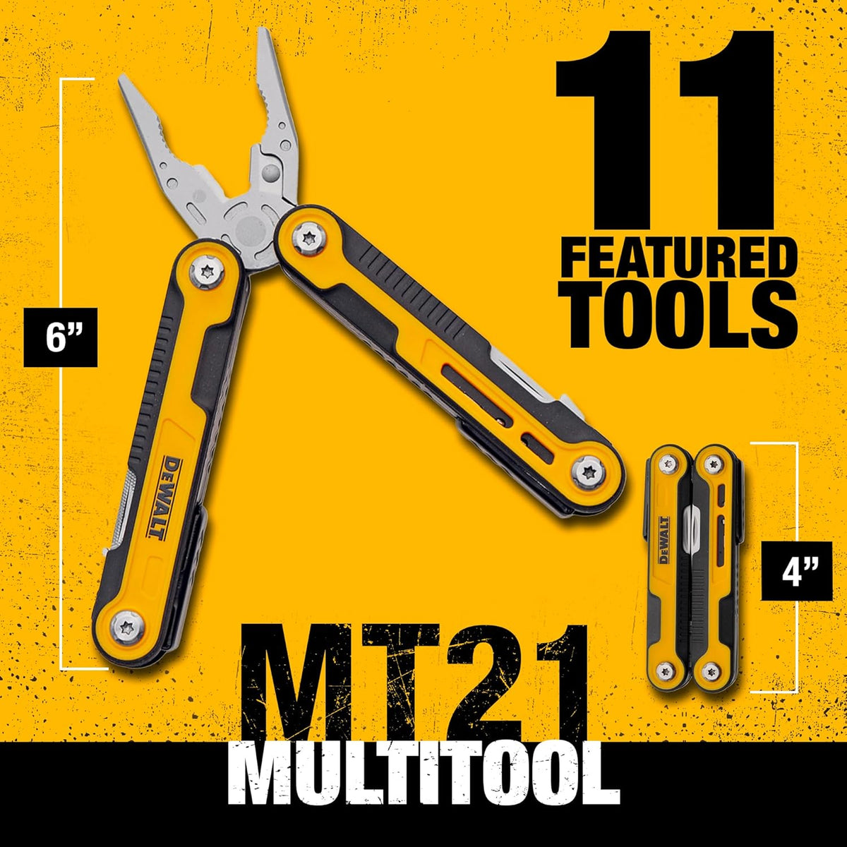 An infographic showcasing the dimensions of the DEWALT MT21 multi-tool. The graphic illustrates the tool at a 6-inch height when fully opened and a compact 4-inch length when closed, emphasizing its portable, pocket-sized design for everyday carry and jobsite convenience.