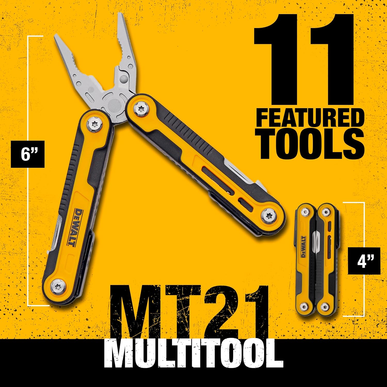 An infographic showcasing the dimensions of the DEWALT MT21 multi-tool. The graphic illustrates the tool at a 6-inch height when fully opened and a compact 4-inch length when closed, emphasizing its portable, pocket-sized design for everyday carry and jobsite convenience.