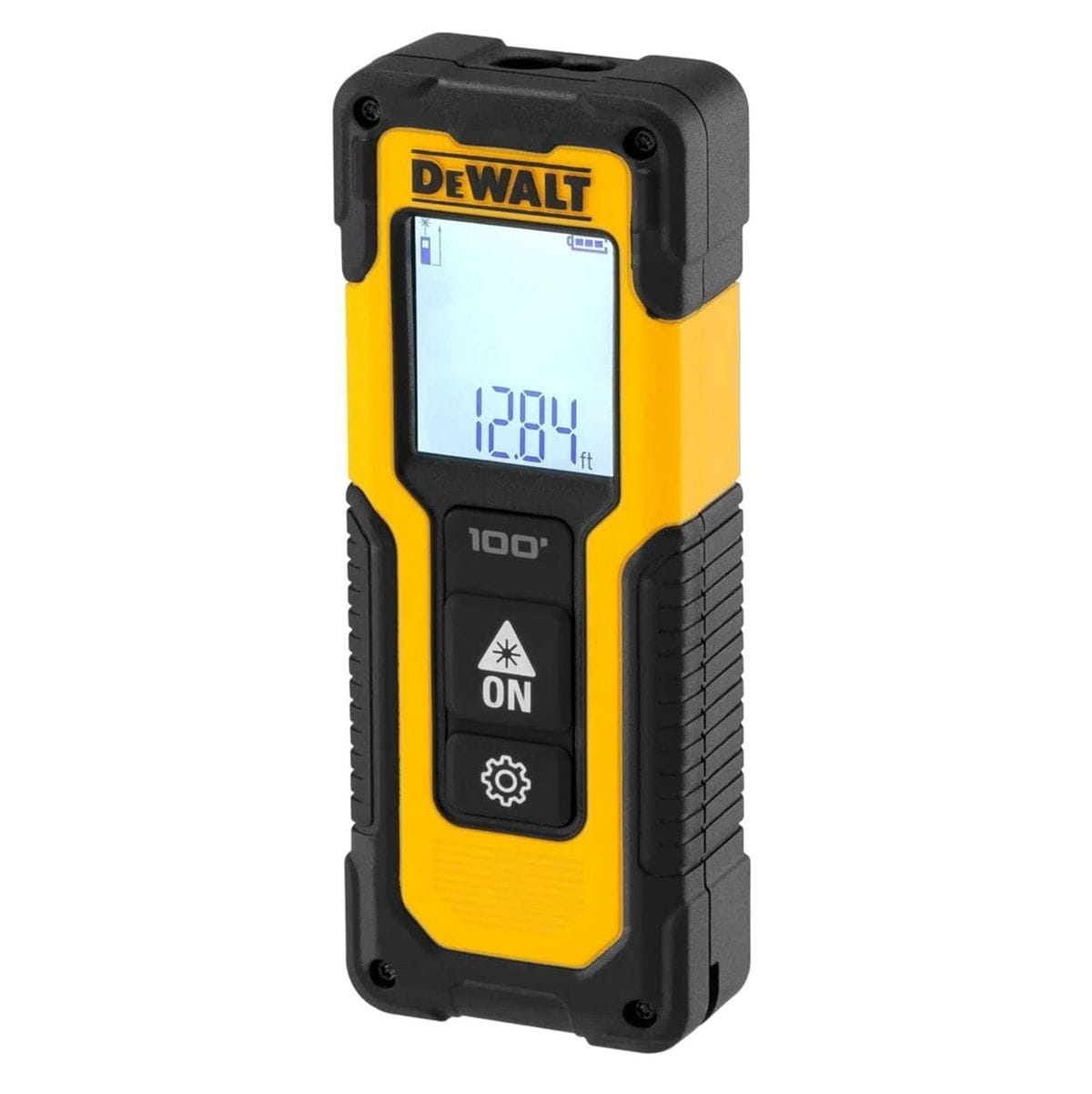 Angled upright view of the handheld laser distance measurer, showcasing the yellow housing, the 100-foot range label, and the user interface with the large ON button.