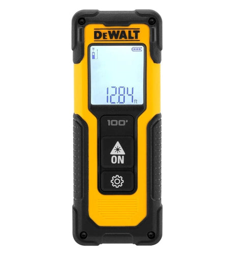 Direct front view of the DeWalt DWHT77100, clearly displaying the backlit LCD screen with battery indicator and the simple two-button control panel for power and settings.