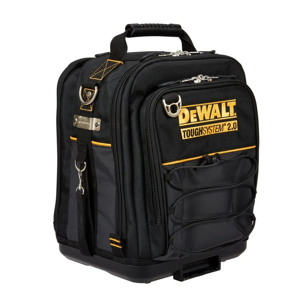 Angled view of the closed DeWalt tool bag, showcasing the front bungee storage area, the metal tape holder clip on the side, and the attached padded shoulder strap draped down the side.