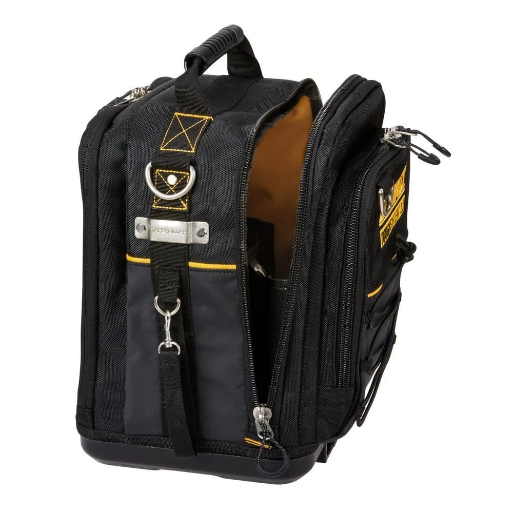 Close-up detailing the side of the black tool bag fabric, featuring a sturdy metal D-ring for the shoulder strap attachment and a closed accessory pocket accented with yellow stitching.