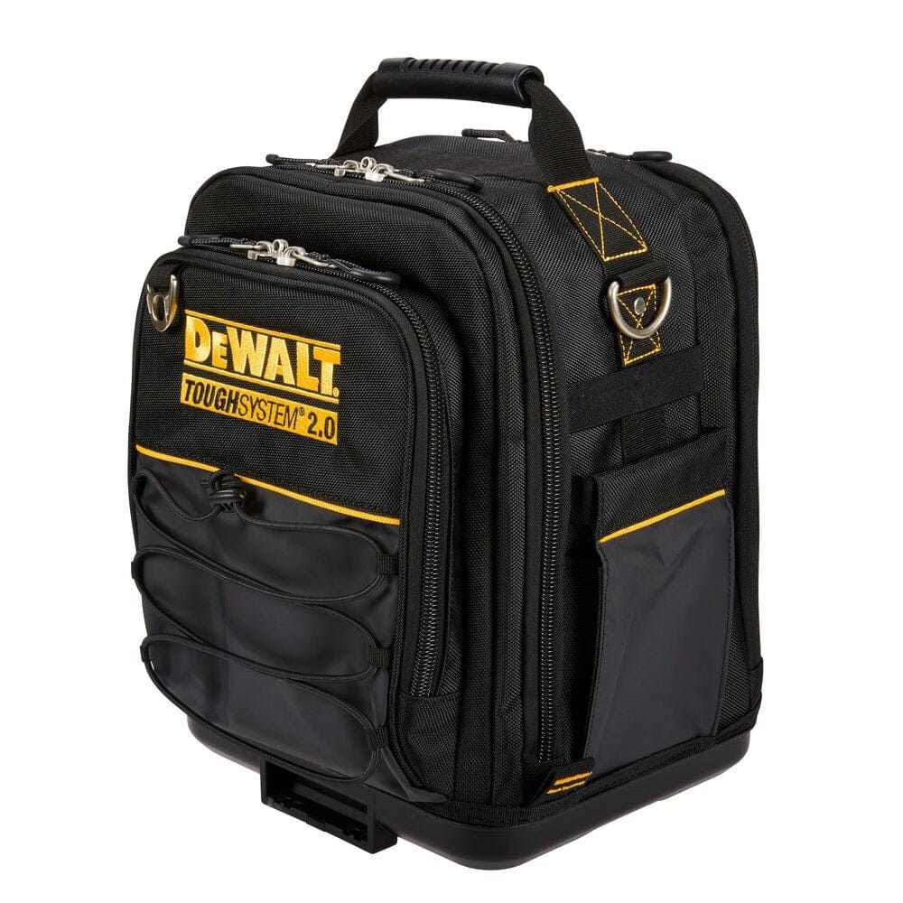 Front angled view of the closed DeWalt ToughSystem 2.0 compact tool bag, featuring the prominent yellow brand logo on the upper pocket, external bungee cord storage on the lower front pouch, and a rugged top carrying handle.
