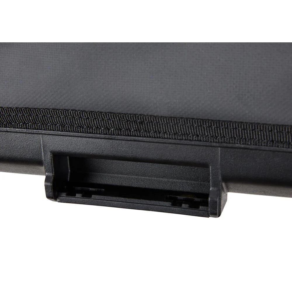 Close-up view of the rugged, durable plastic waterproof base of the tool bag, detailing the integrated black side latch mechanism designed for stacking and connecting with other ToughSystem 2.0 storage modules.