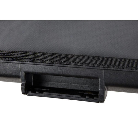 Close-up view of the rugged, durable plastic waterproof base of the tool bag, detailing the integrated black side latch mechanism designed for stacking and connecting with other ToughSystem 2.0 storage modules.