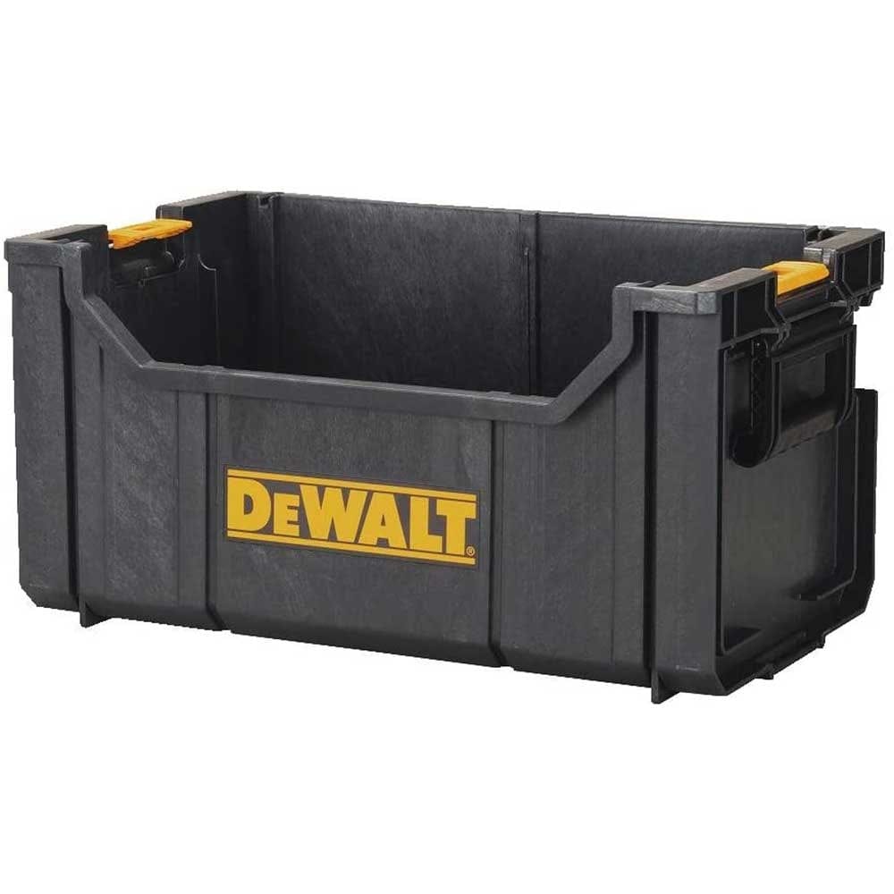 Angled studio view of the empty black DeWalt ToughSystem DS280 tote, featuring the large yellow logo, yellow stacking latches on the rim, and durable structural foam walls.