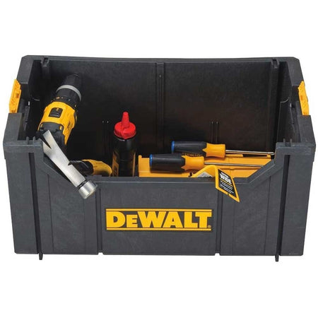 Top-down view into the interior of the DeWalt tote, showing the organization of various tools including a yellow cordless drill, hammer, screwdrivers, and wood glue bottle.